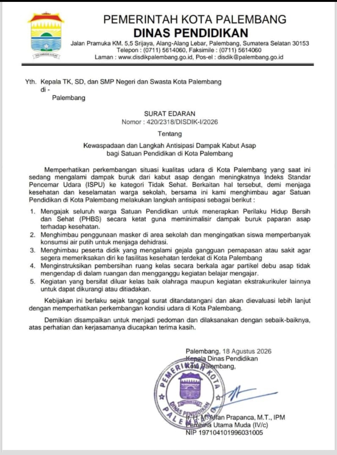 Kualitas Udara Palembang Tidak Sehat, Sekolah Diminta Batasi Aktivitas Luar Ruangan